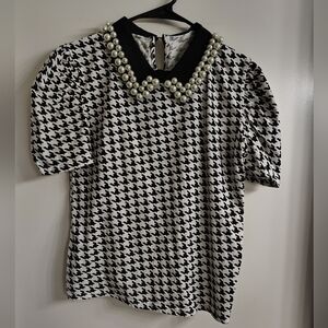 Black and White Puff Sleeve Blouse with Peter Pan Collar